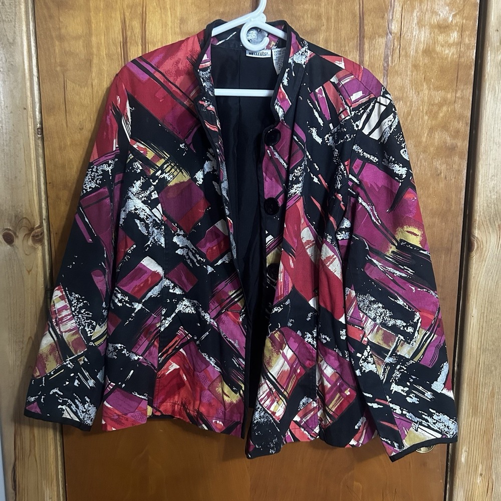 Vintage Units Blazer Jacket Black & Pink Abstract Pattern SZ XL Buttons